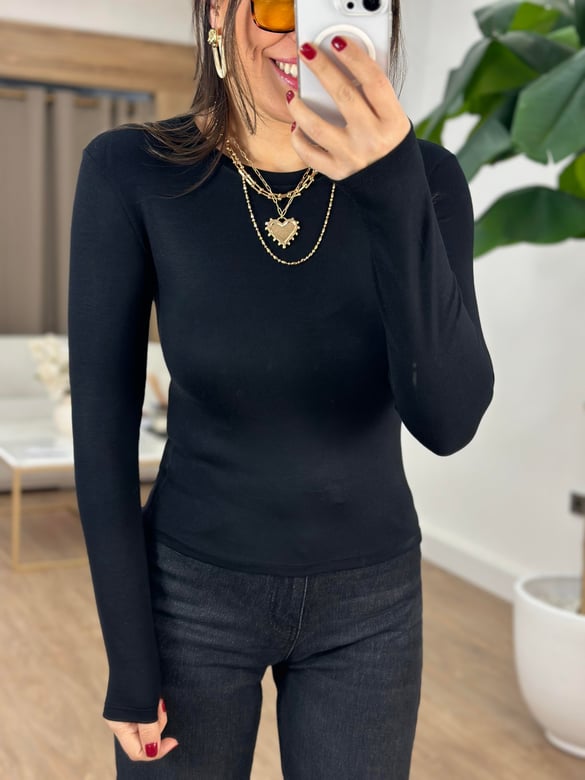 Orijinal Marka Bisiklet Yaka Basic Bluz - Siyah