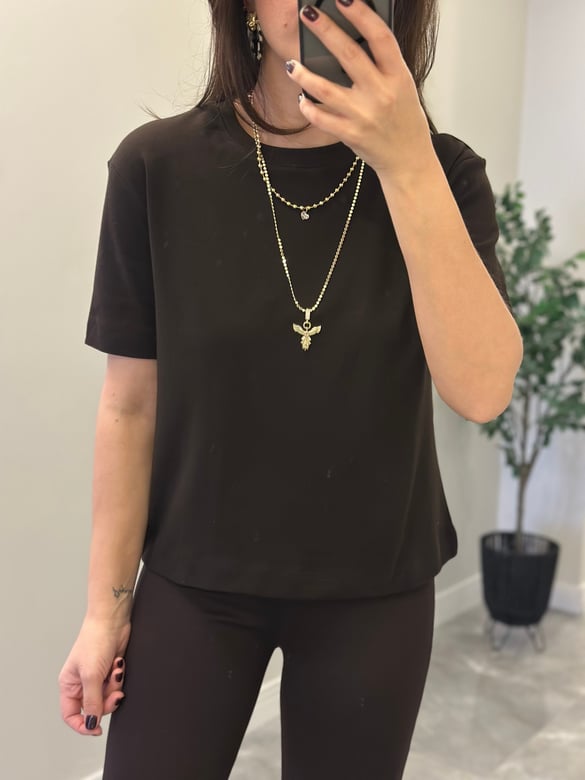 Orijinal Marka Bisiklet Yaka Basic Tshirt - Kahverengi