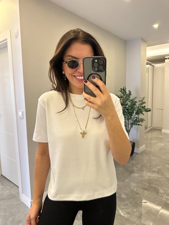 Orijinal Marka Bisiklet Yaka Basic Tshirt - Beyaz