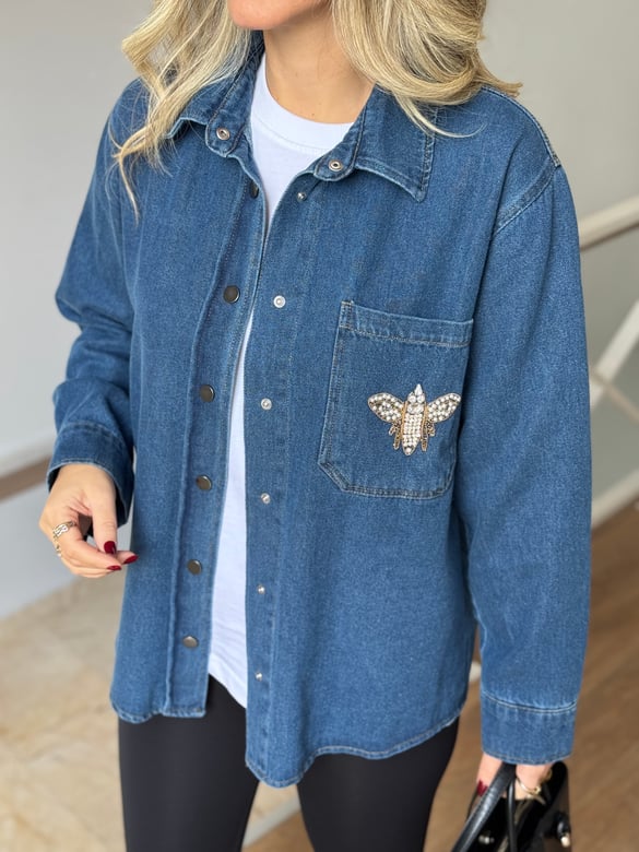 Orijinal Marka Broş Detaylı Denim Gömlek Ceket  - Mavi