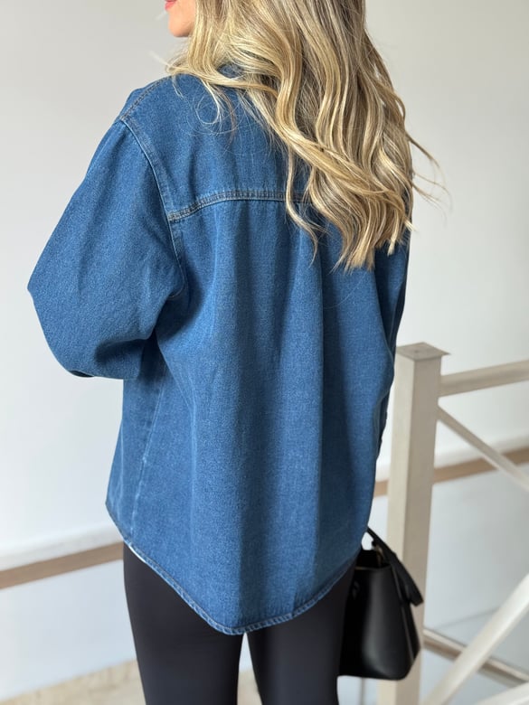 Orijinal Marka Broş Detaylı Denim Gömlek Ceket  - Mavi