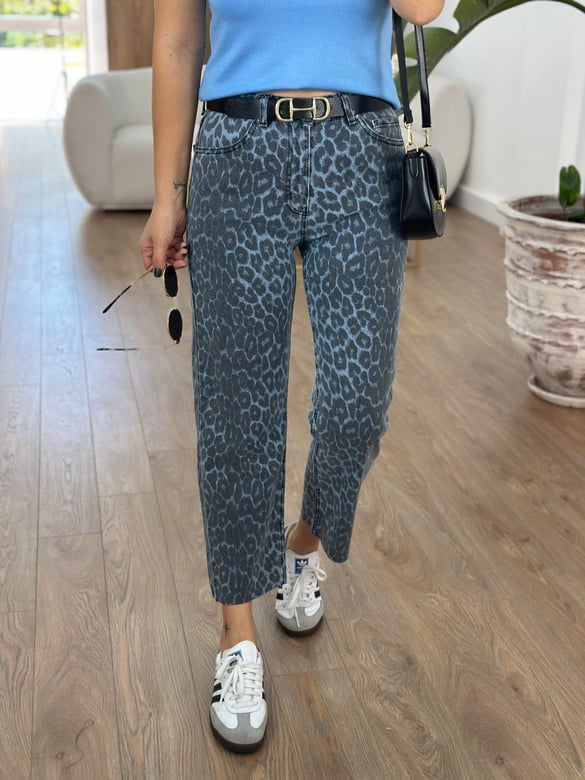 Orijinal Marka Likralı Mavi Leopar Jean