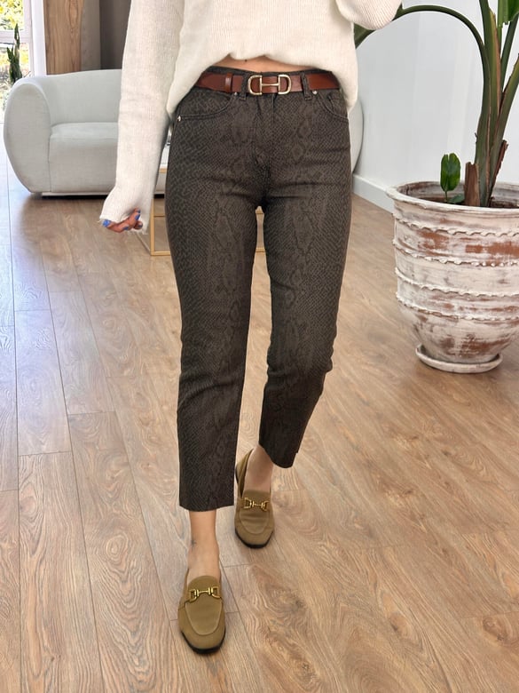 Orijinal Marka Likralı Yılan Desen Boyfit Jean-Haki