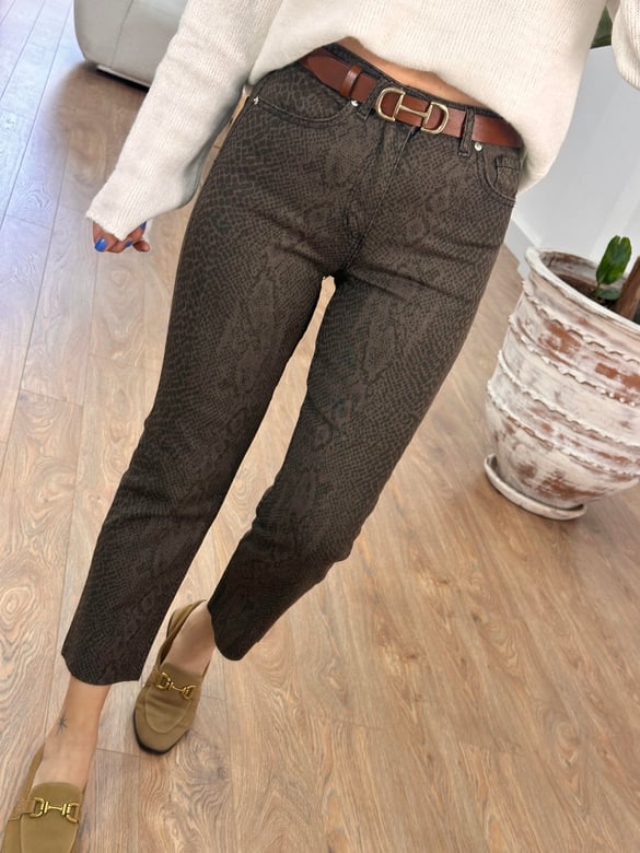 Orijinal Marka Likralı Yılan Desen Boyfit Jean-Haki