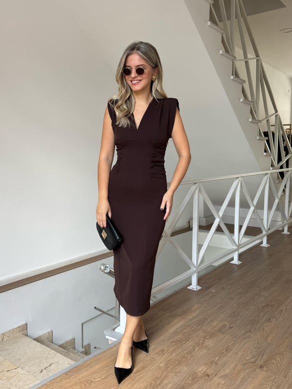 Orijinal Model Beli Drapeli Midi Elbise - Kahverengi