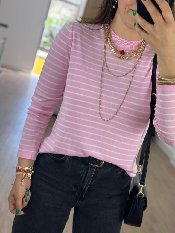 Orjinal Marka Çizgili Merserize Triko-Pembe