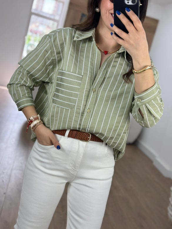 Oversize Çizgili Salaş Gömlek-Çağla Yeşili