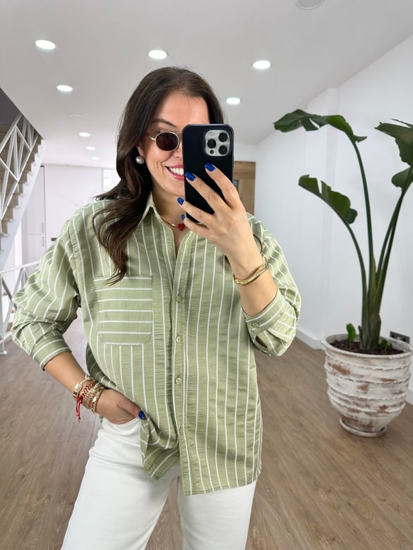 Oversize Çizgili Salaş Gömlek-Çağla Yeşili