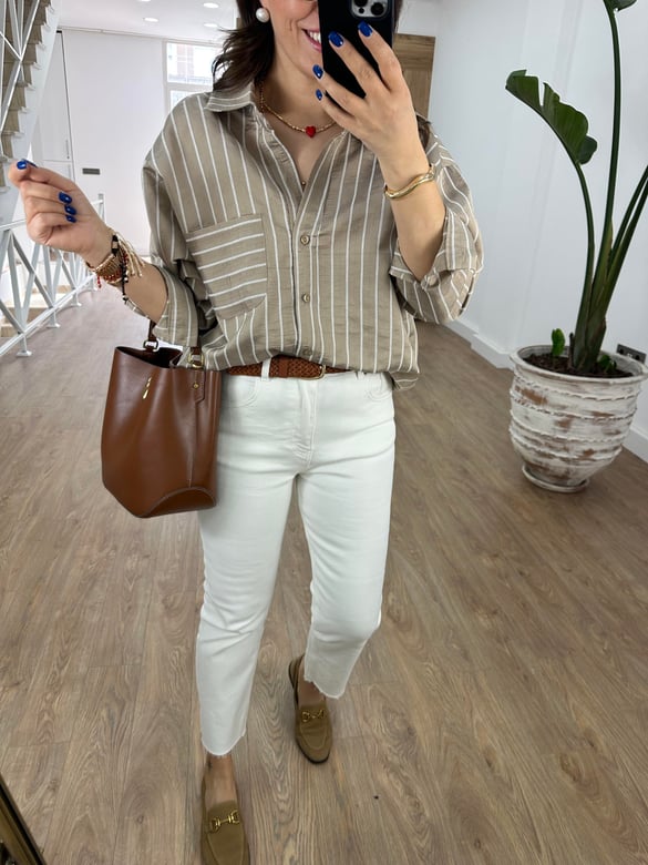 Oversize Çizgili Salaş Gömlek-Vizon