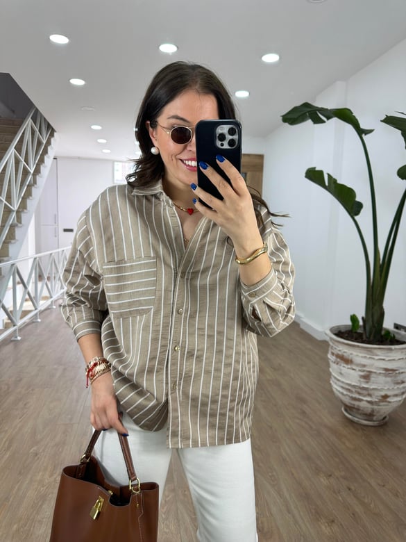 Oversize Çizgili Salaş Gömlek-Vizon