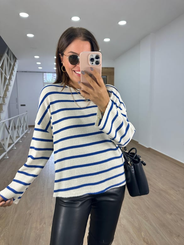 Oversize Çizgili Triko-Saks Mavi