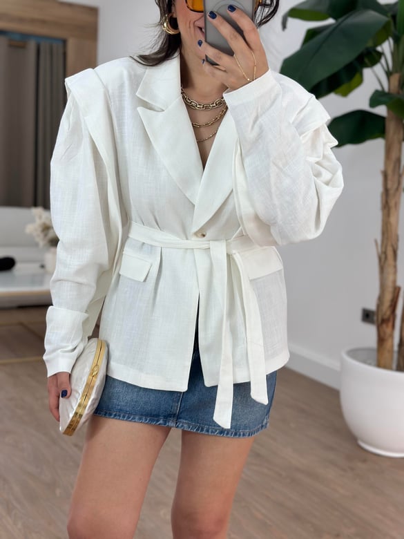 Oversize Keten Blazer Ceket - Beyaz