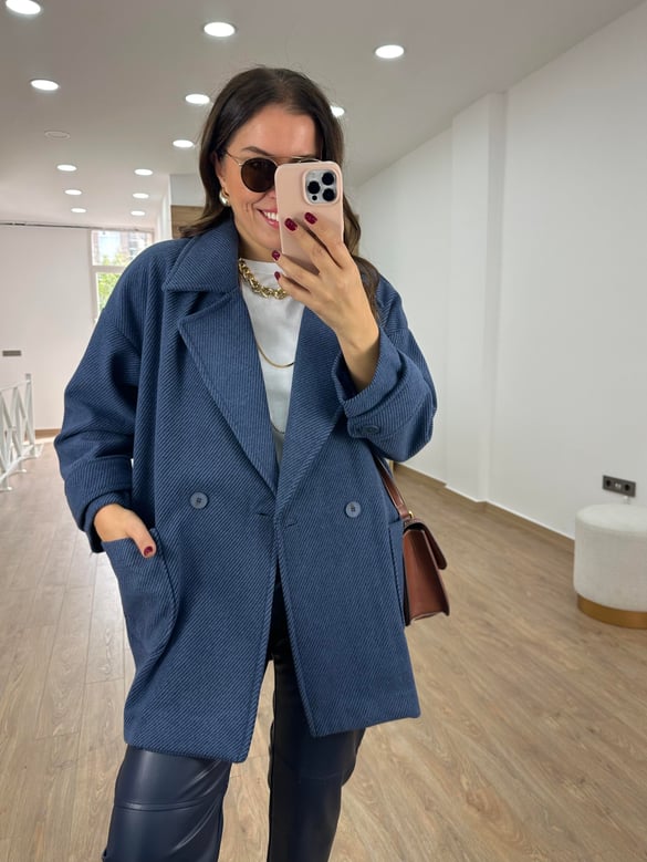 Oversize Kırçıllı Kaban-Lacivert