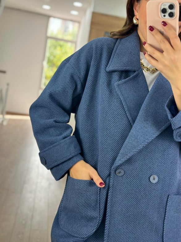 Oversize Kırçıllı Kaban-Lacivert
