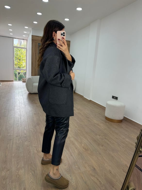 Oversize Kırçıllı Kaban-Siyah