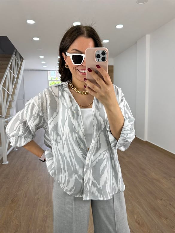 Oversize Renkli Tnsel Gömlek-Gri