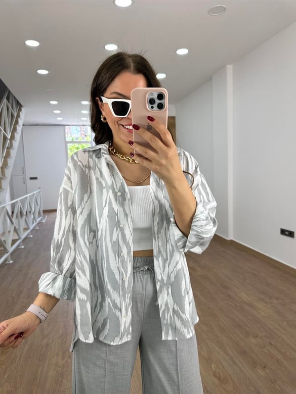 Oversize Renkli Tnsel Gömlek-Gri