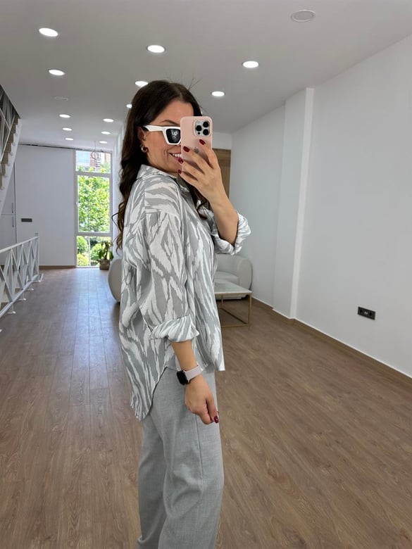 Oversize Renkli Tnsel Gömlek-Gri