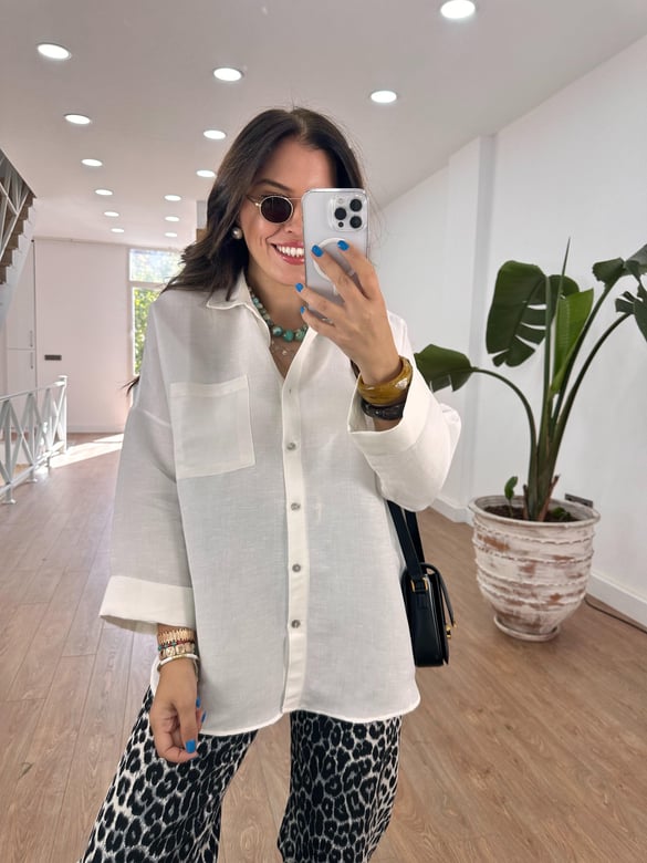 Oversize Yarım Kol Keten Gömlek - Beyaz