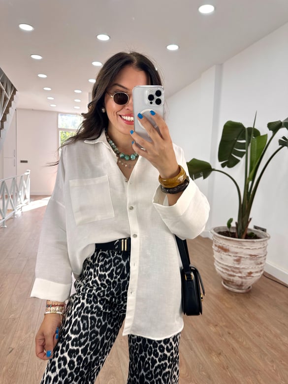 Oversize Yarım Kol Keten Gömlek - Beyaz