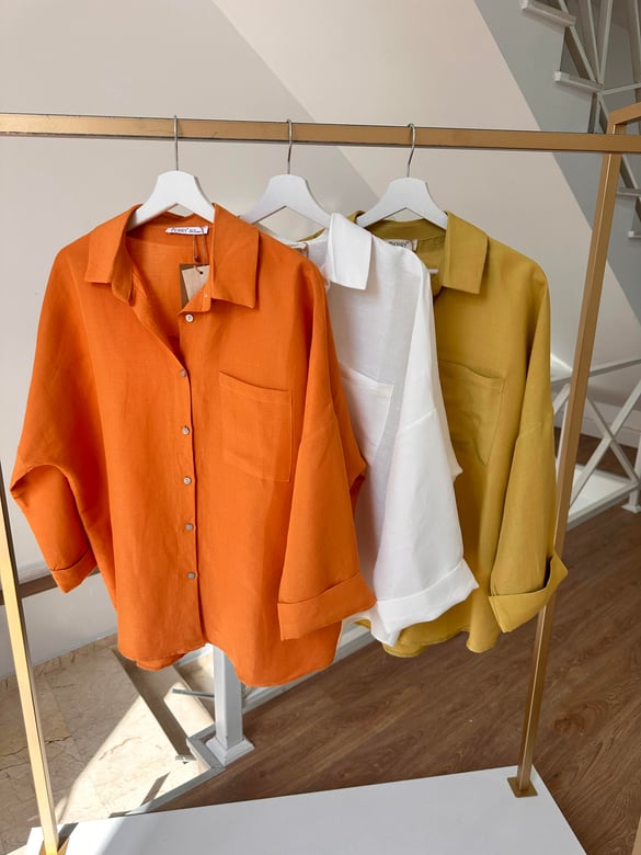 Oversize Yarım Kol Keten Gömlek - Hardal