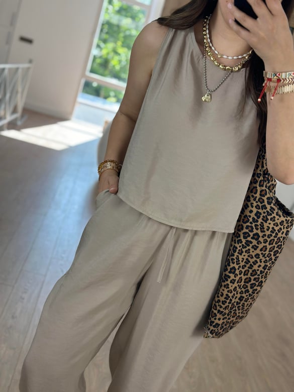 Pantolon Bluz Basic Tiril Takım-Bej