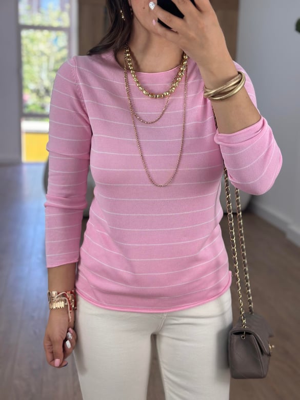 Pembe Üzeri Beyaz Çizgili İnce Merserize Triko