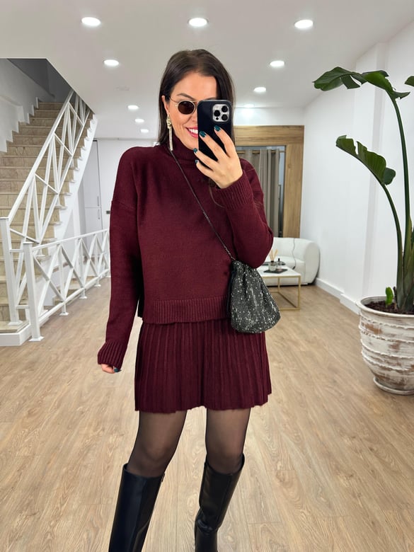 Pileli Etekli Triko Takım-Bordo