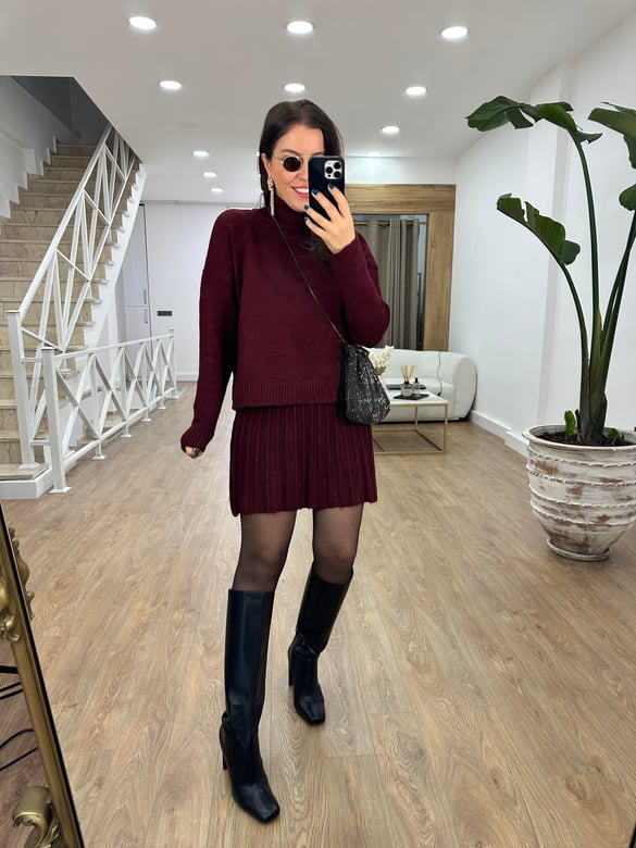 Pileli Etekli Triko Takım-Bordo