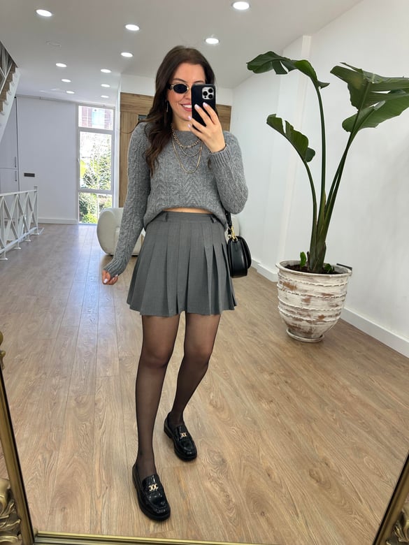 Pileli Mini Etek-Gri