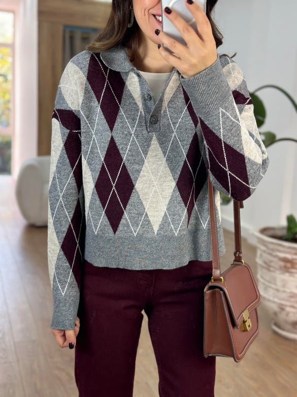 Polo Yaka Baklava Desenli Kazak - Bordo