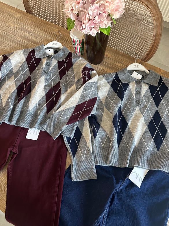 Polo Yaka Baklava Desenli Kazak - Bordo
