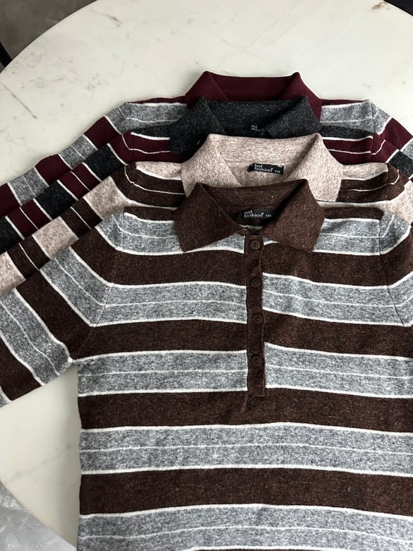 Polo Yaka Çizgili Basic Triko - Bordo/Antrasit