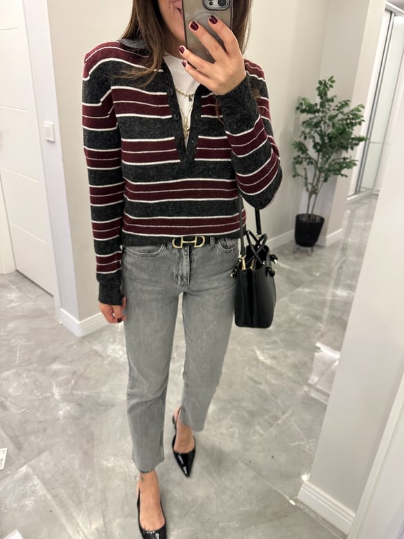 Polo Yaka Çizgili Basic Triko - Bordo/Antrasit