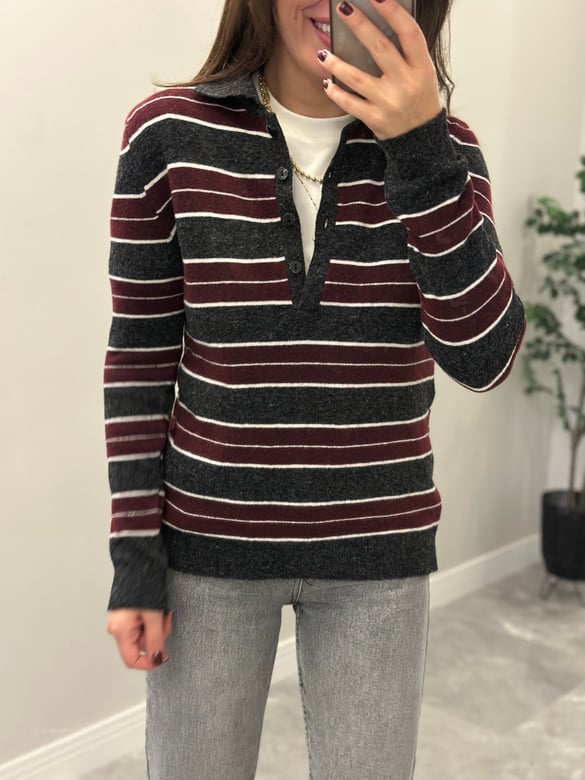Polo Yaka Çizgili Basic Triko - Bordo/Antrasit