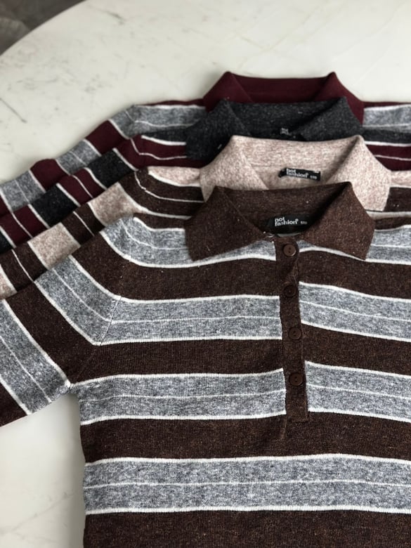 Polo Yaka Çizgili Basic Triko - Kahve/Antrasit