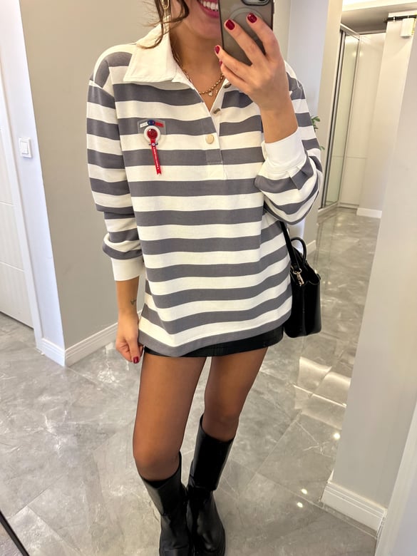 Polo Yaka Çizgili Sweatshirt - Gri