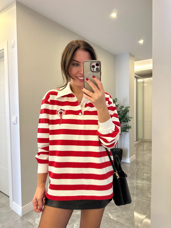Polo Yaka Çizgili Sweatshirt - Kırmızı