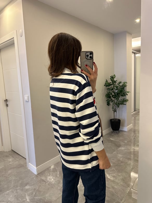 Polo Yaka Çizgili Sweatshirt - Lacivert