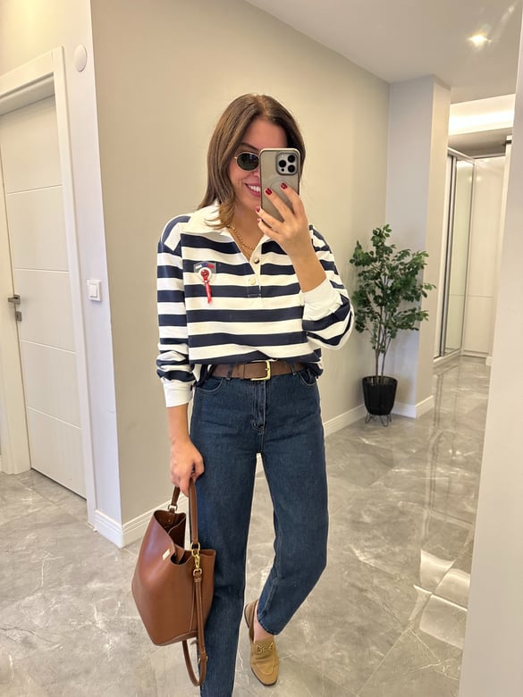 Polo Yaka Çizgili Sweatshirt - Lacivert