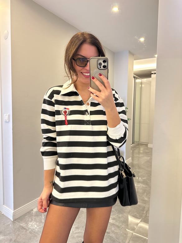 Polo Yaka Çizgili Sweatshirt - Siyah