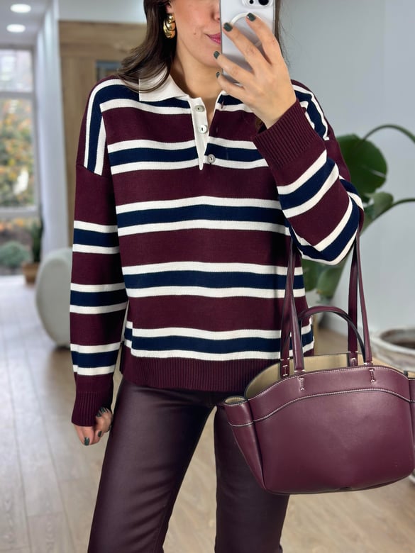 Polo Yaka Çizgili Triko Kazak - Bordo