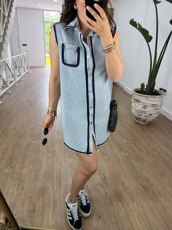 Polo Yaka Önden Düğmeli Denim Elbise