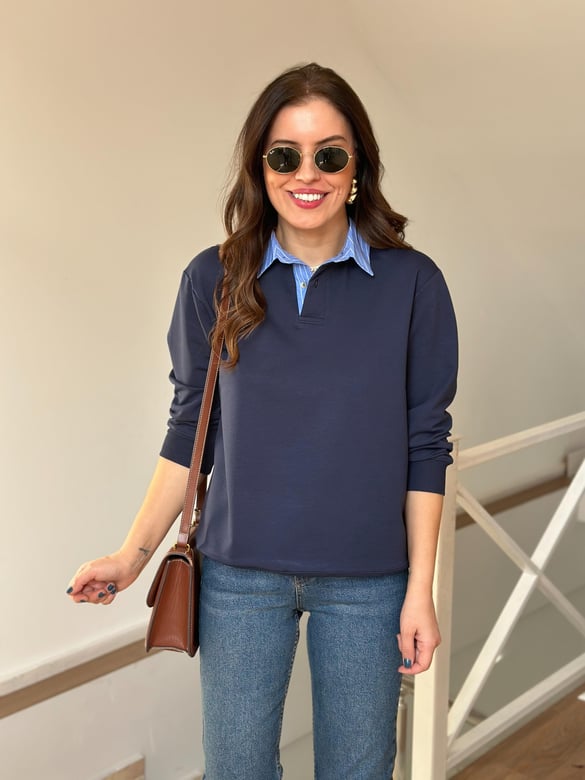 Poplin Garnili Polo Yaka Sweatshirt - Lacivert