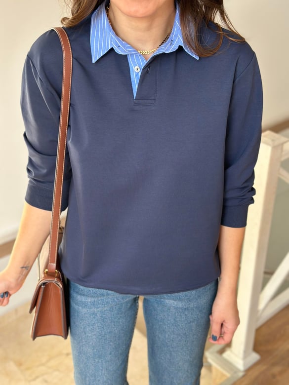 Poplin Garnili Polo Yaka Sweatshirt - Lacivert