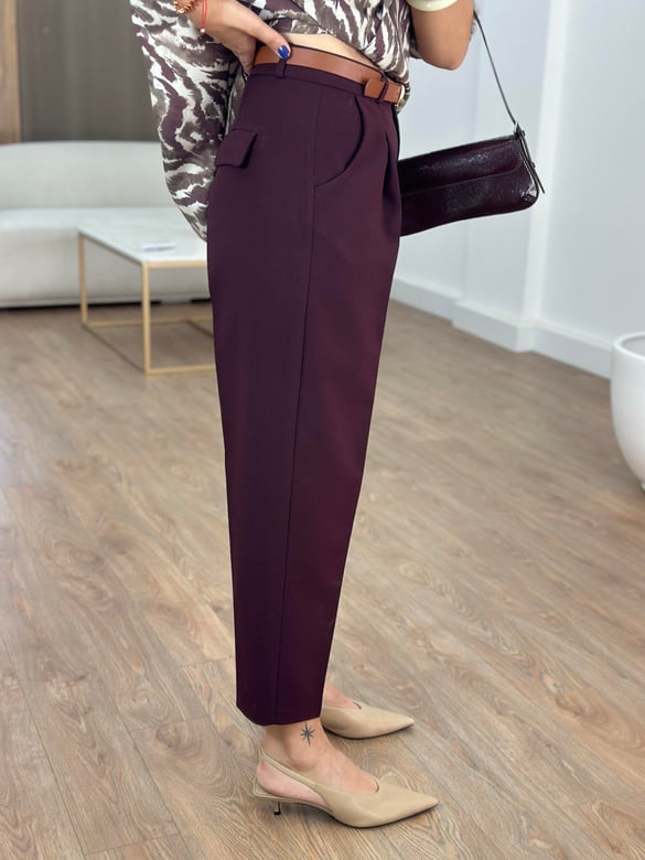 Premium Seri Kemerli Havuç Pantolon - Bordo
