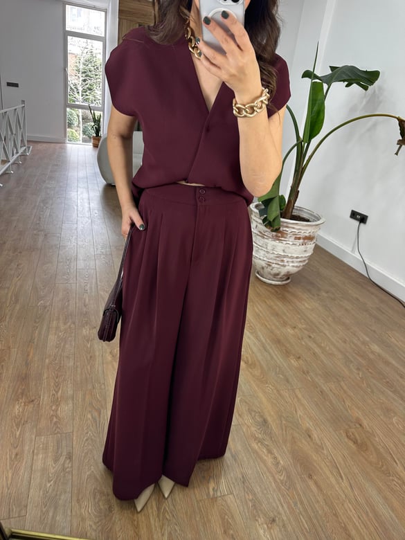 Premium Seri Tasarım Beli Bağlamalı Takım - Bordo
