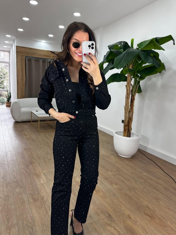 Premium Seri Taşlı Denim Takım - Siyah