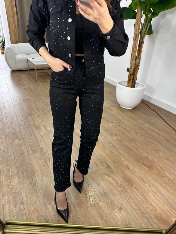 Premium Seri Taşlı Denim Takım - Siyah