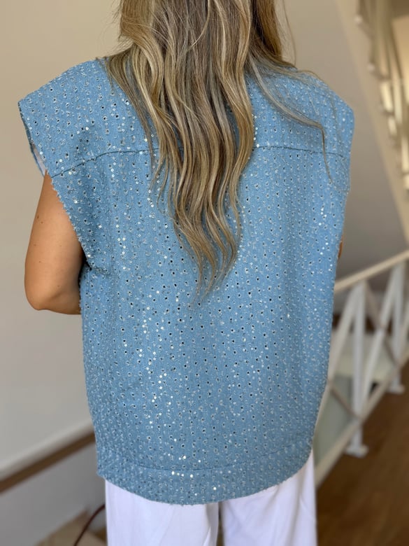 Pul İşlemeli Denim Yelek